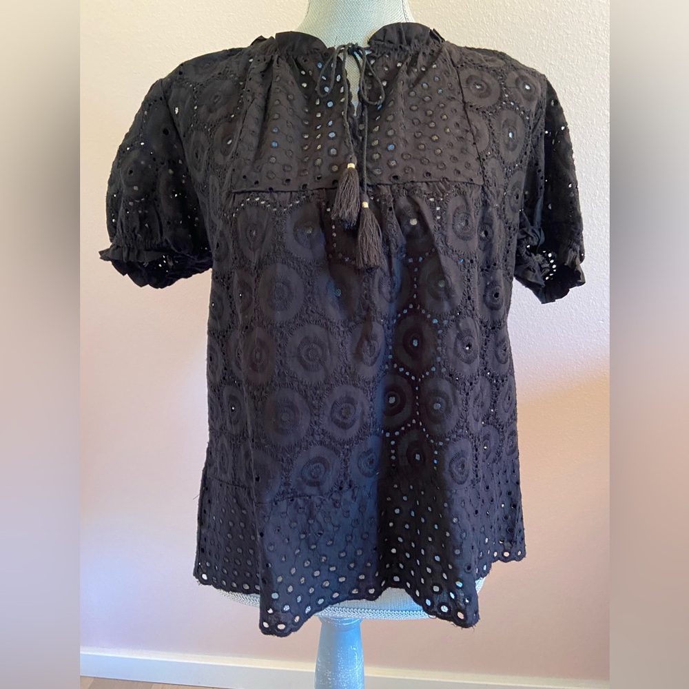NEW Adiva Black Eyelet cotton Short Sleeved Blouse NWT